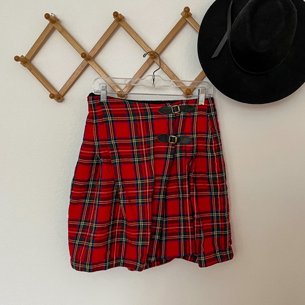 Rafaella Wool Plaid Kilt Style Mini Skirt with Buckle Details